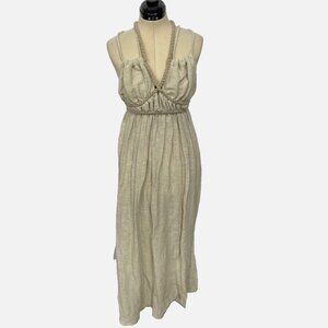 Greece Goddess Linen Maxi Dress Medium Coastal Boho Lagenlook Rope Bodice Beige